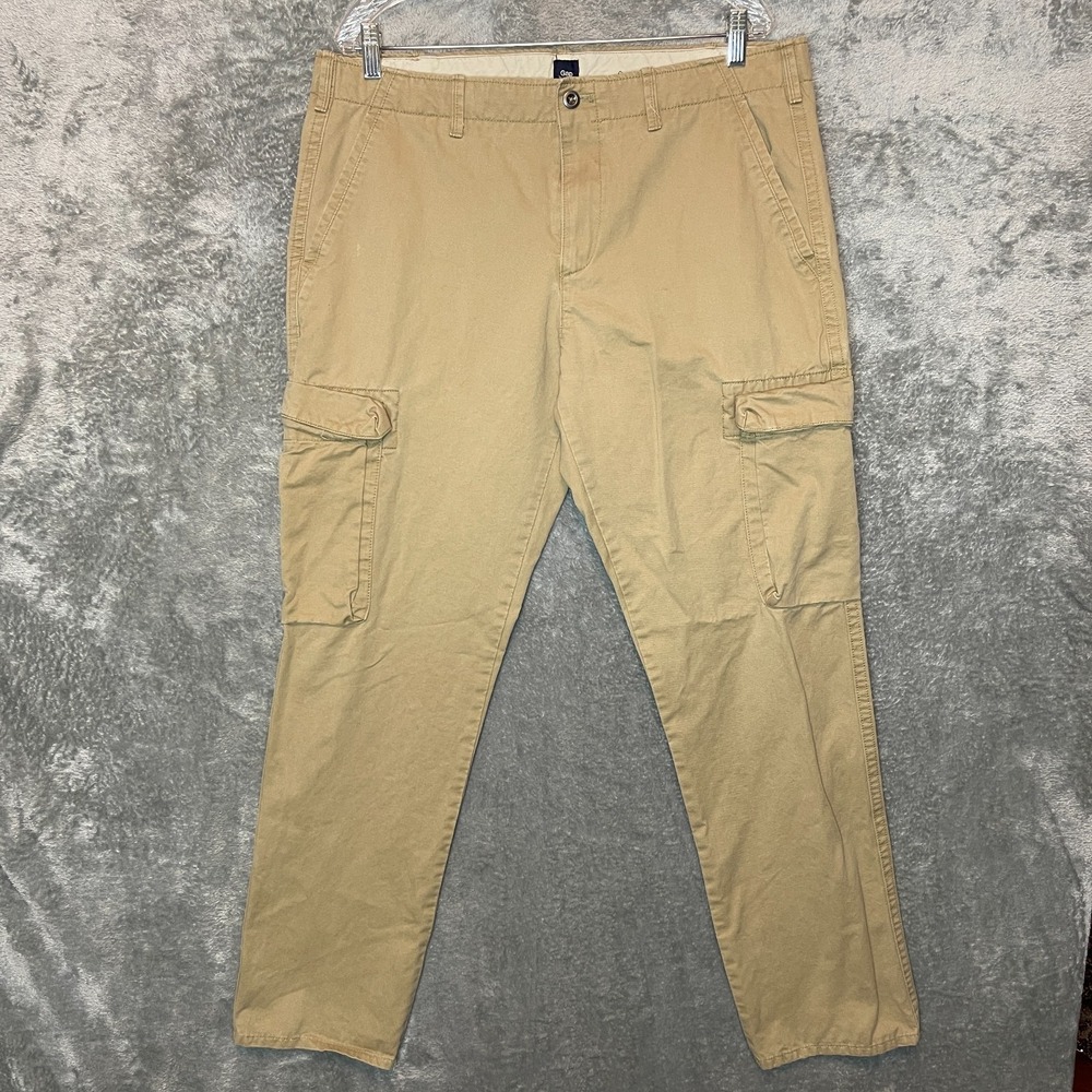 Gap Men Classic Gorpcore Slim Fit Cargo Flat Front Chino Pants Tan Beige 37x32*